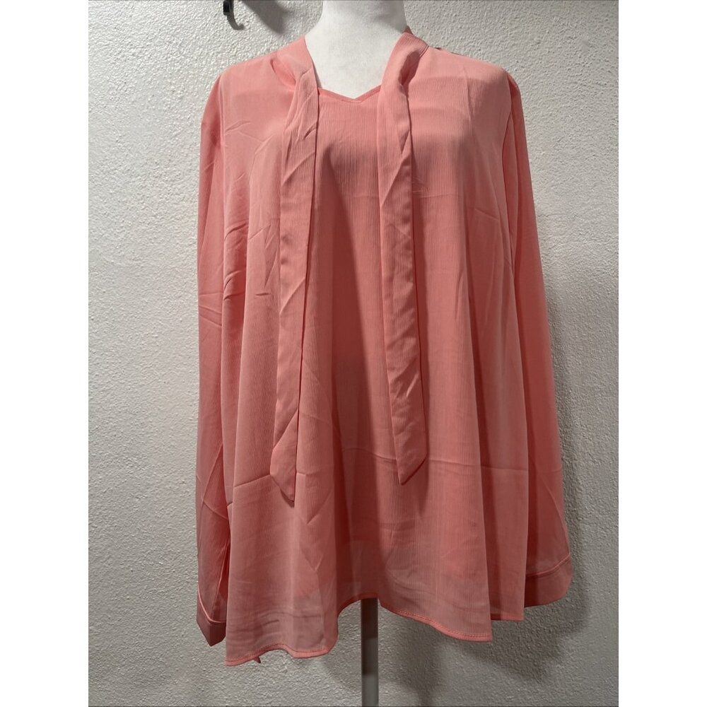 Acevog Size 2XL Womens Peach Front Tie V-Neck Sheer Long Sleeve‎ Flowy Blouse